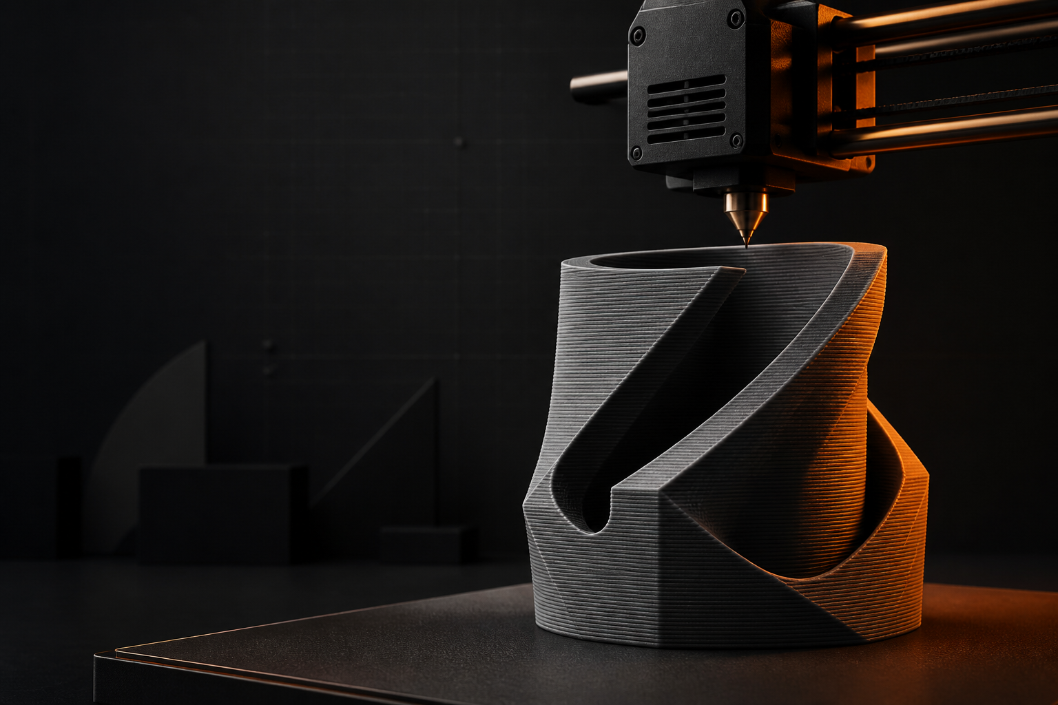 Impressora 3D construindo uma peça geométrica em camadas