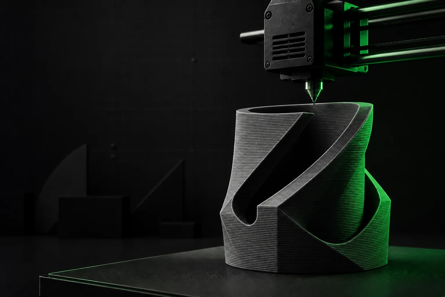 Impressora 3D construindo uma peça geométrica em camadas
